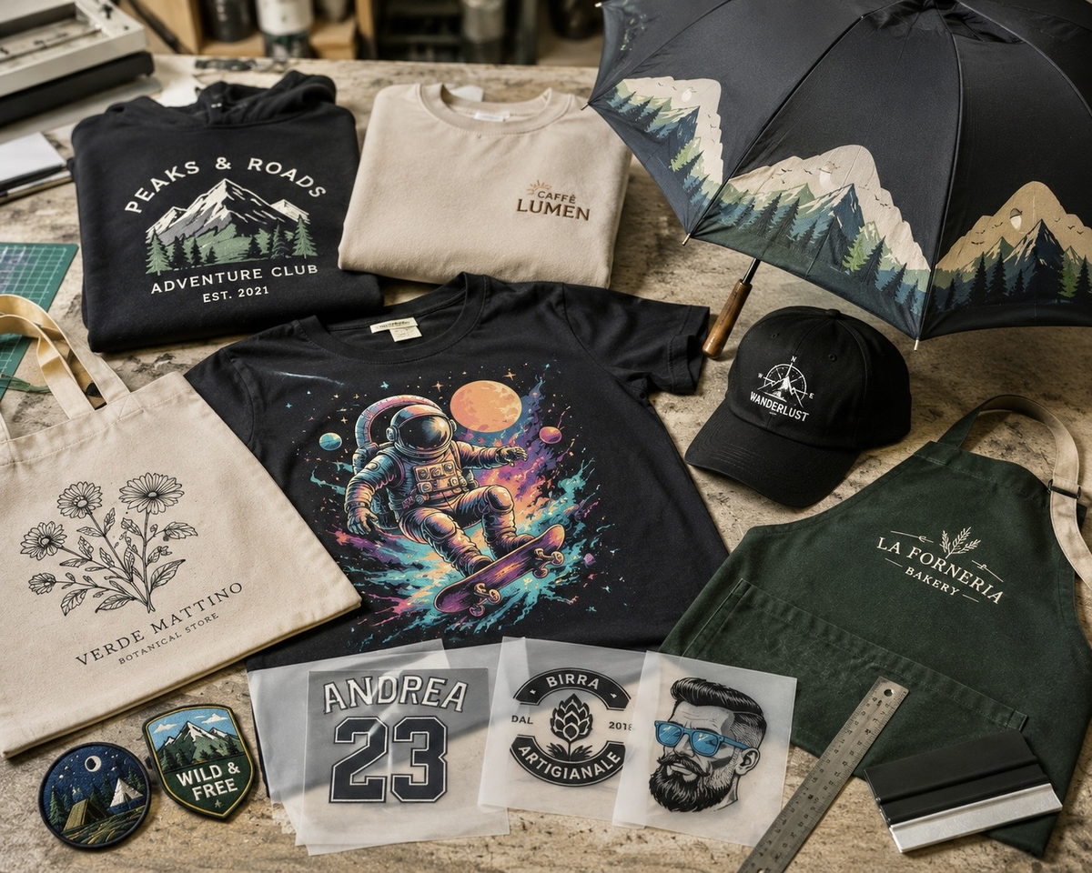 Capi personalizzati E-MIKE Studio: felpa, t-shirt, cappellino, grembiule, borsa in cotone, ombrello e transfer pronti per l'applicazione.